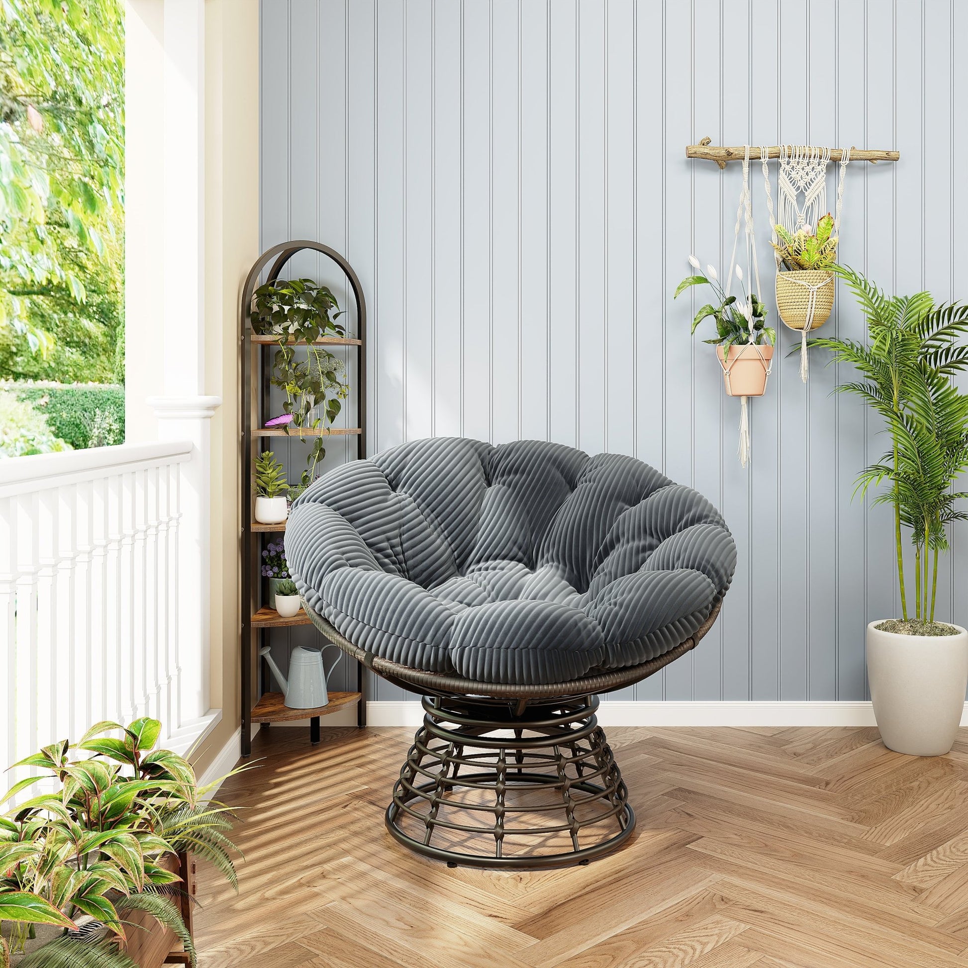 Comfortable Ergonomic Wicker Papasan Chair, 360° Swivel Indoor Outdoor Rattan Chair with Soft Thick Cushion, Ideal for Living Room, Bedroom, Reading Room, Brown Frame with Grey Cushion - 1st Choice Furniture Direct