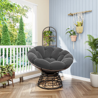 Comfortable Ergonomic Wicker Papasan Chair, 360° Swivel Indoor Outdoor Rattan Chair with Soft Thick Cushion, Ideal for Living Room, Bedroom, Reading Room, Brown Frame with Grey Cushion - 1st Choice Furniture Direct