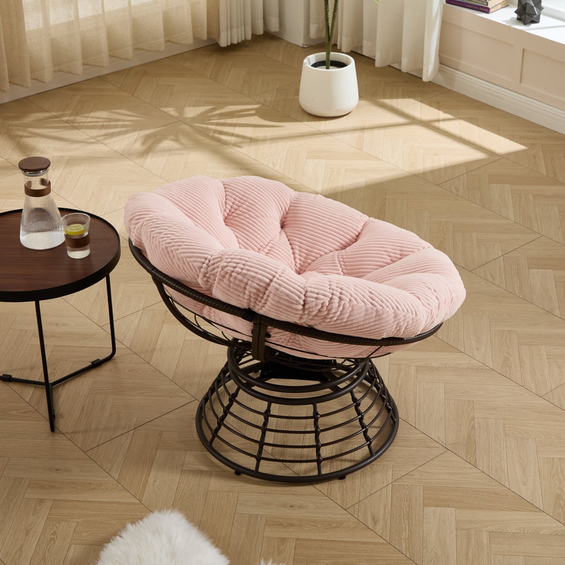 Comfortable Ergonomic Wicker Papasan Chair, 360° Swivel Indoor Outdoor Rattan Chair with Soft Thick Cushion, Ideal for Living Room, Bedroom, Reading Room, Brown Frame with Pink Cushion - 1st Choice Furniture Direct