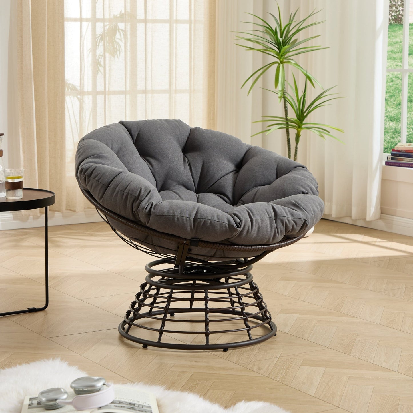 Comfortable Ergonomic Wicker Papasan Chair, 360° Swivel Indoor Outdoor Rattan Chair with Soft Thick Cushion, Ideal for Living Room, Bedroom, Reading Room, Brown Frame with Grey Cushion - 1st Choice Furniture Direct