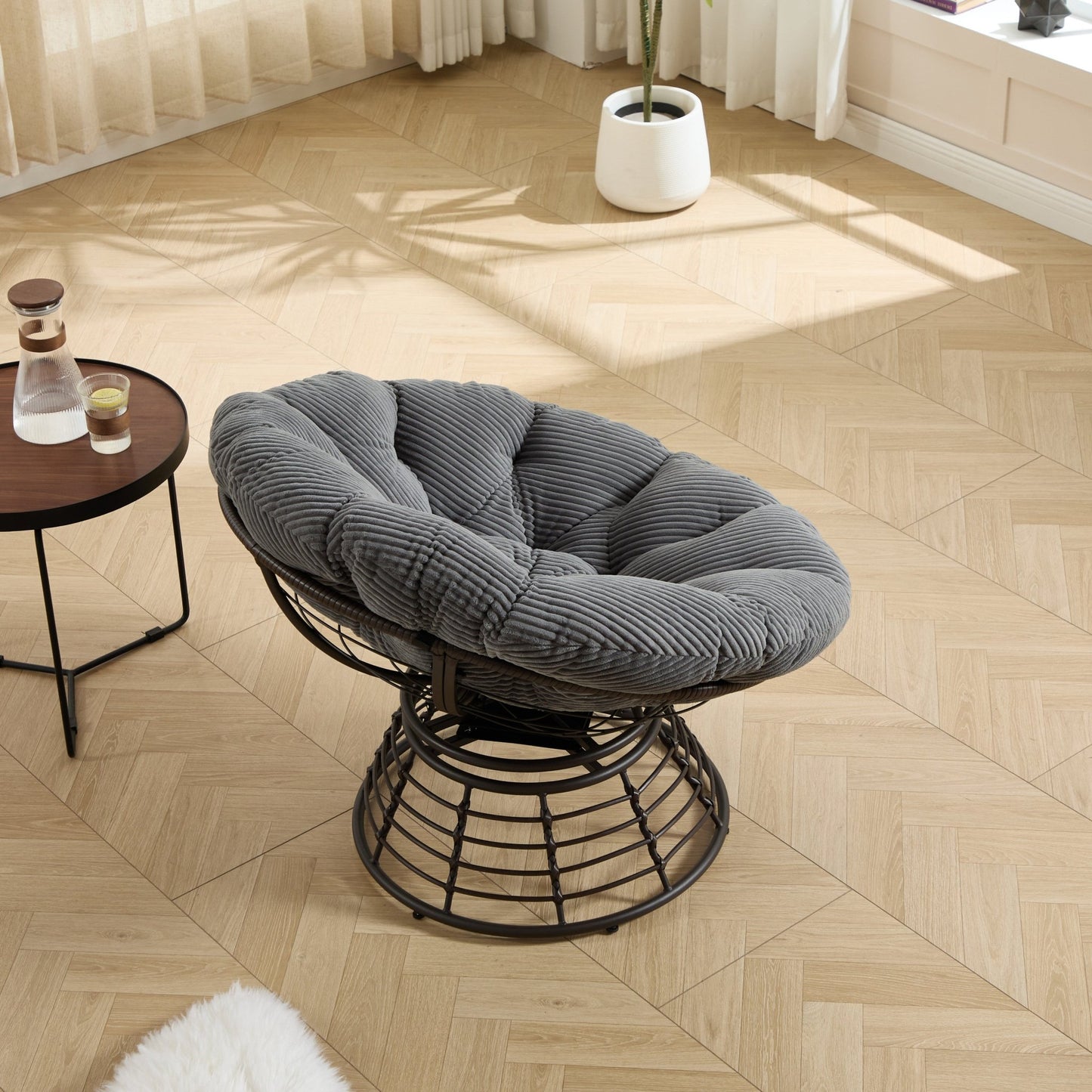 Comfortable Ergonomic Wicker Papasan Chair, 360° Swivel Indoor Outdoor Rattan Chair with Soft Thick Cushion, Ideal for Living Room, Bedroom, Reading Room, Brown Frame with Grey Cushion - 1st Choice Furniture Direct