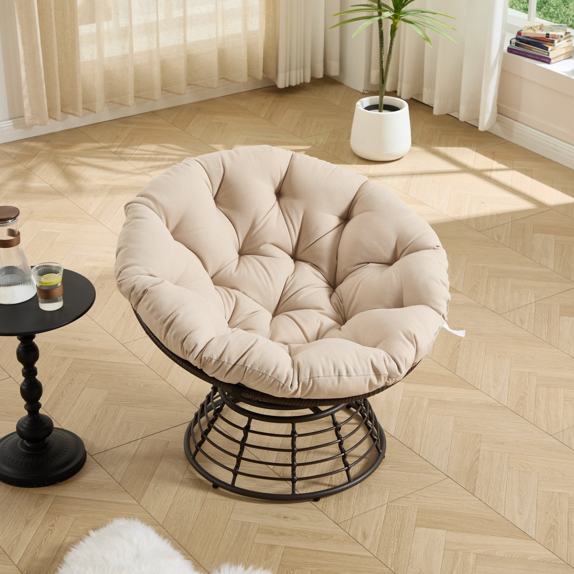 Comfortable Ergonomic Wicker Papasan Chair, 360° Swivel Indoor Outdoor Rattan Chair with Soft Thick Cushion, Ideal for Living Room, Bedroom, Reading Room, Brown Frame with Beige Cushion - 1st Choice Furniture Direct