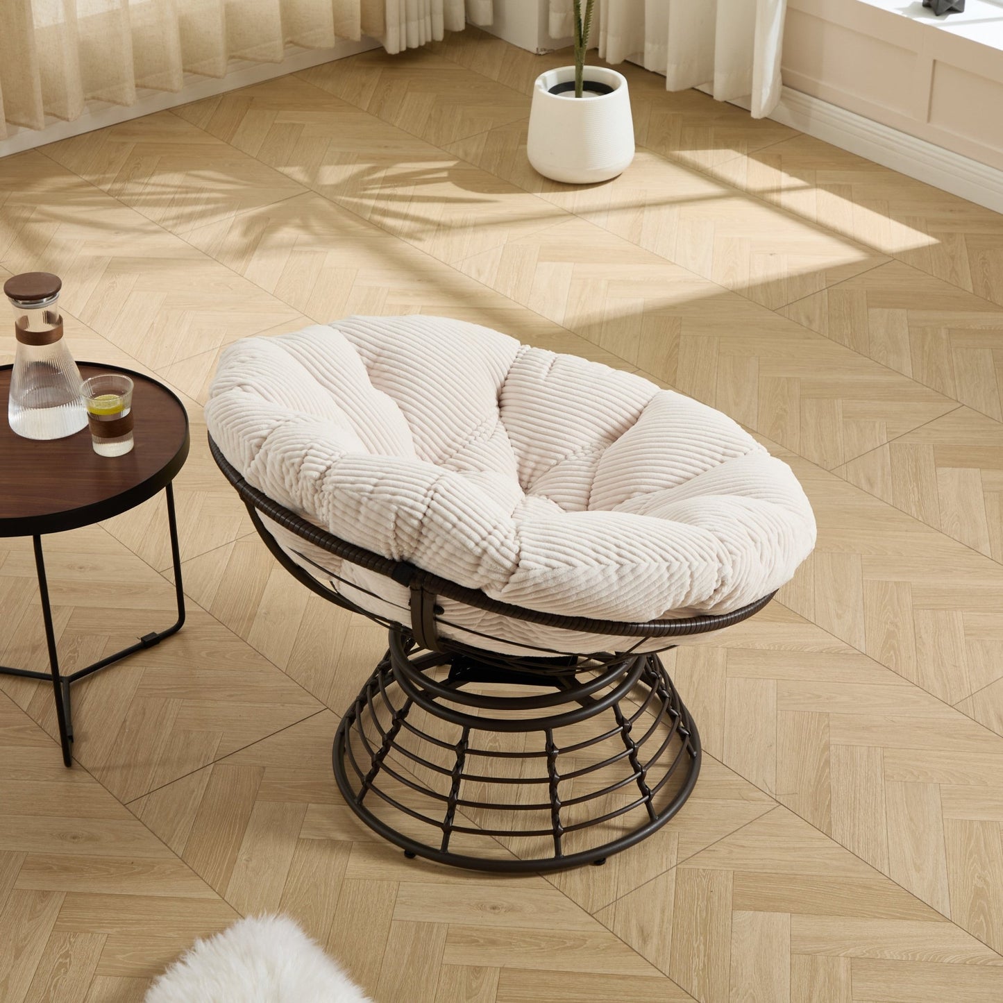 Comfortable Ergonomic Wicker Papasan Chair, 360° Swivel Indoor Outdoor Rattan Chair with Soft Thick Cushion, Ideal for Living Room, Bedroom, Reading Room, Brown Frame with White Cushion - 1st Choice Furniture Direct
