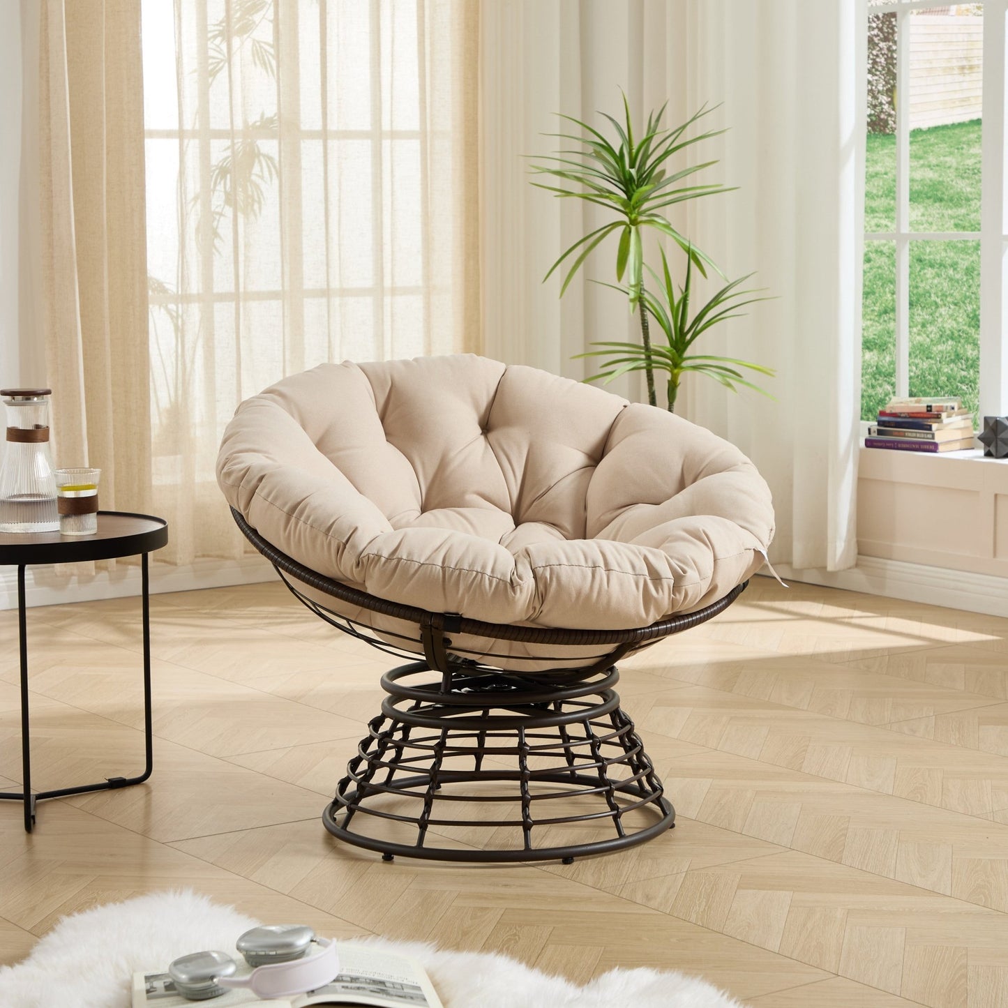 Comfortable Ergonomic Wicker Papasan Chair, 360° Swivel Indoor Outdoor Rattan Chair with Soft Thick Cushion, Ideal for Living Room, Bedroom, Reading Room, Brown Frame with Beige Cushion - 1st Choice Furniture Direct