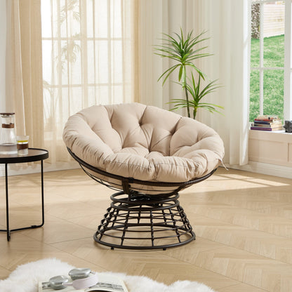 Comfortable Ergonomic Wicker Papasan Chair, 360° Swivel Indoor Outdoor Rattan Chair with Soft Thick Cushion, Ideal for Living Room, Bedroom, Reading Room, Brown Frame with Beige Cushion - 1st Choice Furniture Direct