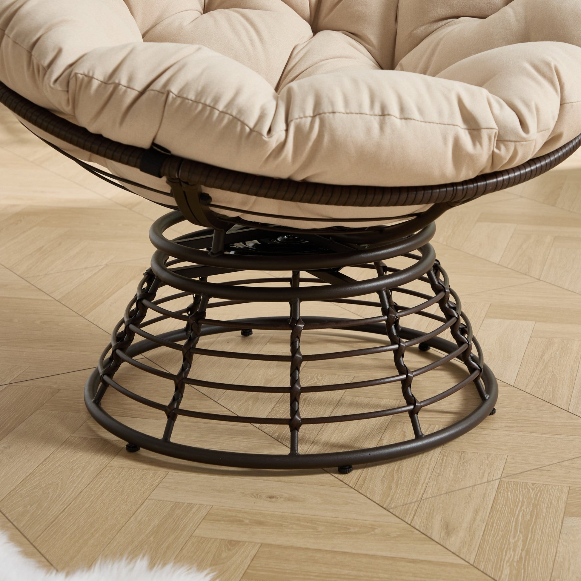 Comfortable Ergonomic Wicker Papasan Chair, 360° Swivel Indoor Outdoor Rattan Chair with Soft Thick Cushion, Ideal for Living Room, Bedroom, Reading Room, Brown Frame with Beige Cushion - 1st Choice Furniture Direct