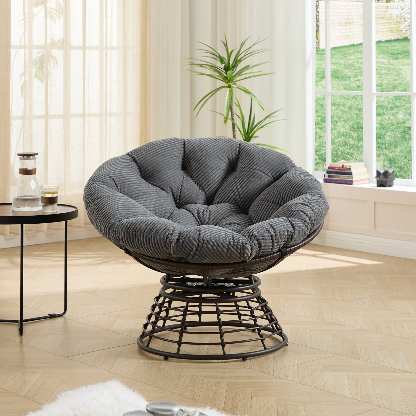 Comfortable Ergonomic Wicker Papasan Chair, 360° Swivel Indoor Outdoor Rattan Chair with Soft Thick Cushion, Ideal for Living Room, Bedroom, Reading Room, Brown Frame with Grey Cushion - 1st Choice Furniture Direct