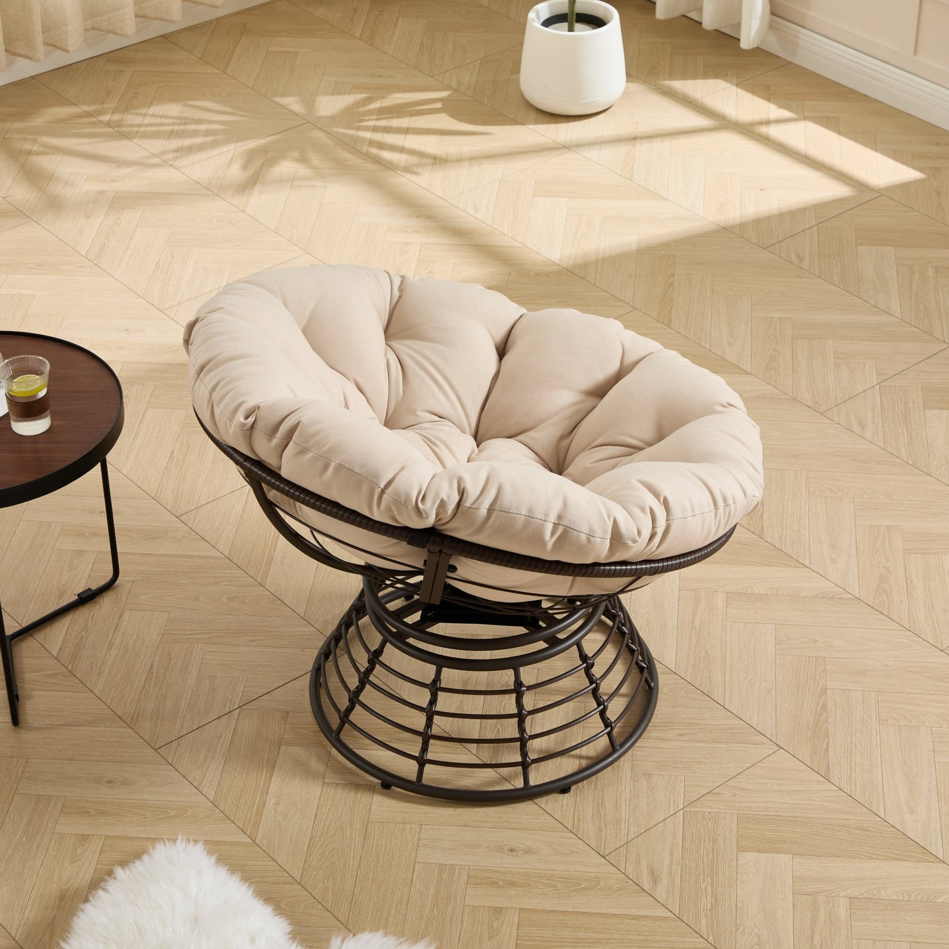 Comfortable Ergonomic Wicker Papasan Chair, 360° Swivel Indoor Outdoor Rattan Chair with Soft Thick Cushion, Ideal for Living Room, Bedroom, Reading Room, Brown Frame with Beige Cushion - 1st Choice Furniture Direct