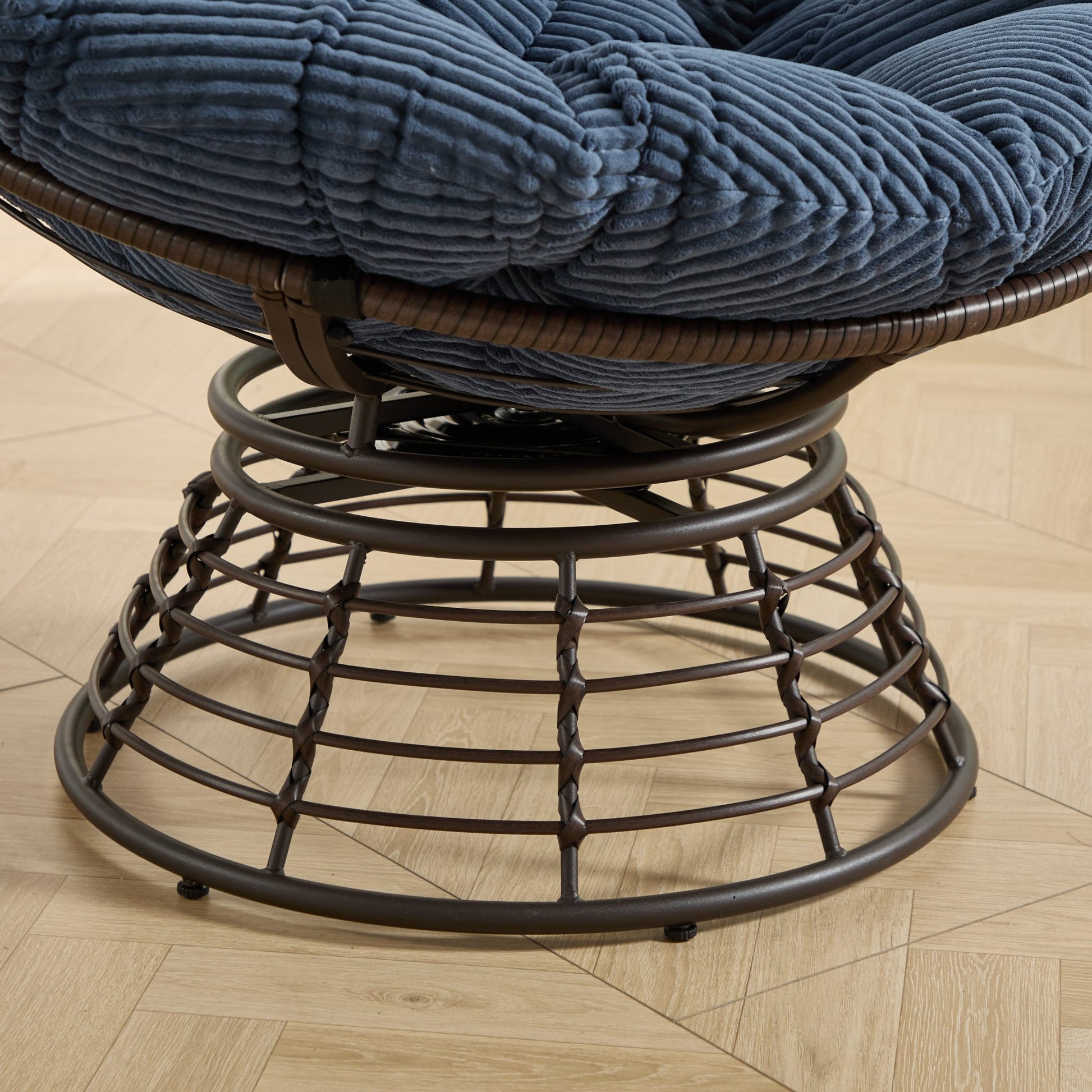 Comfortable Ergonomic Wicker Papasan Chair, 360° Swivel Indoor Outdoor Rattan Chair with Soft Thick Cushion, Ideal for Living Room, Bedroom, Reading Room, Brown Frame with Navy blue Cushion - 1st Choice Furniture Direct