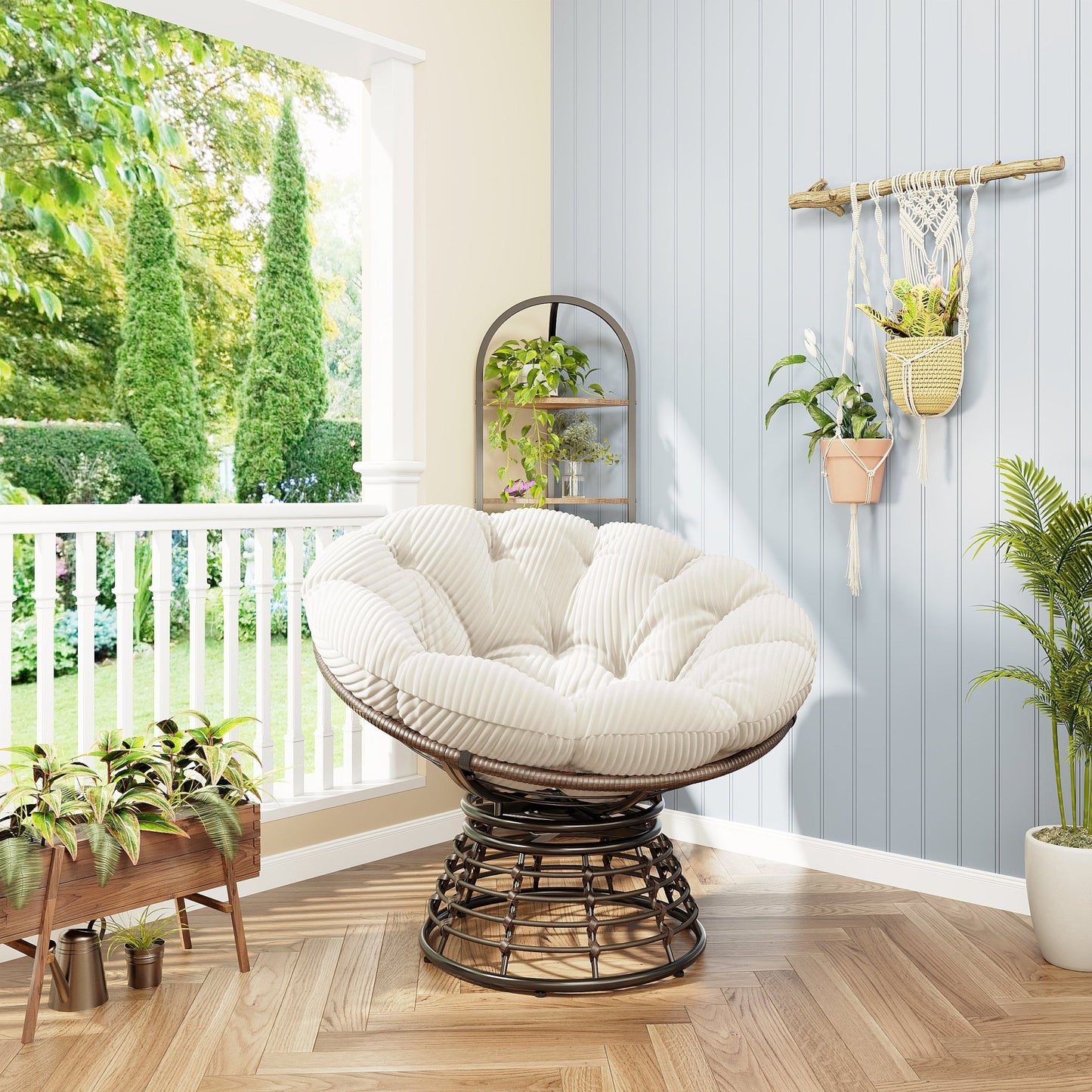 Comfortable Ergonomic Wicker Papasan Chair, 360° Swivel Indoor Outdoor Rattan Chair with Soft Thick Cushion, Ideal for Living Room, Bedroom, Reading Room, Brown Frame with White Cushion - 1st Choice Furniture Direct
