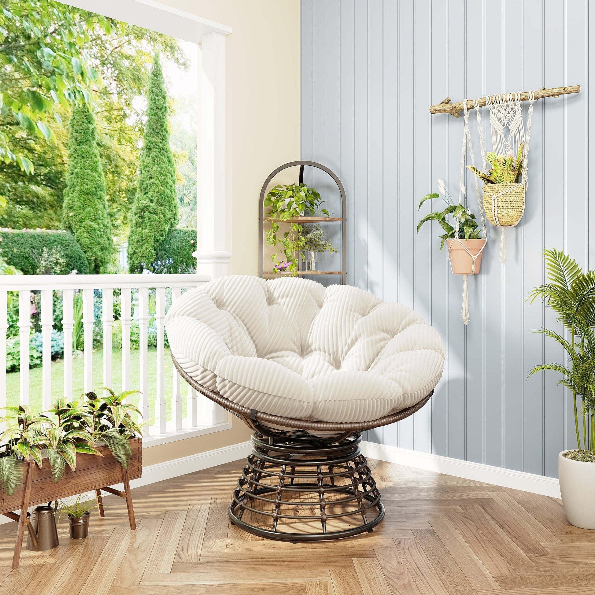 Comfortable Ergonomic Wicker Papasan Chair, 360° Swivel Indoor Outdoor Rattan Chair with Soft Thick Cushion, Ideal for Living Room, Bedroom, Reading Room, Brown Frame with White Cushion - 1st Choice Furniture Direct
