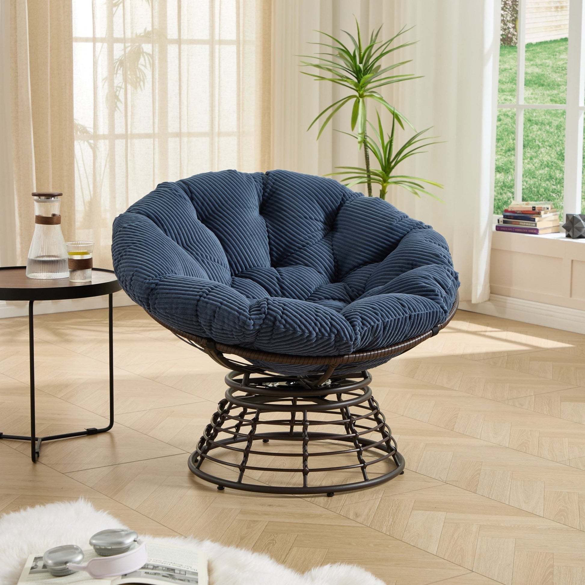 Comfortable Ergonomic Wicker Papasan Chair, 360° Swivel Indoor Outdoor Rattan Chair with Soft Thick Cushion, Ideal for Living Room, Bedroom, Reading Room, Brown Frame with Navy blue Cushion - 1st Choice Furniture Direct