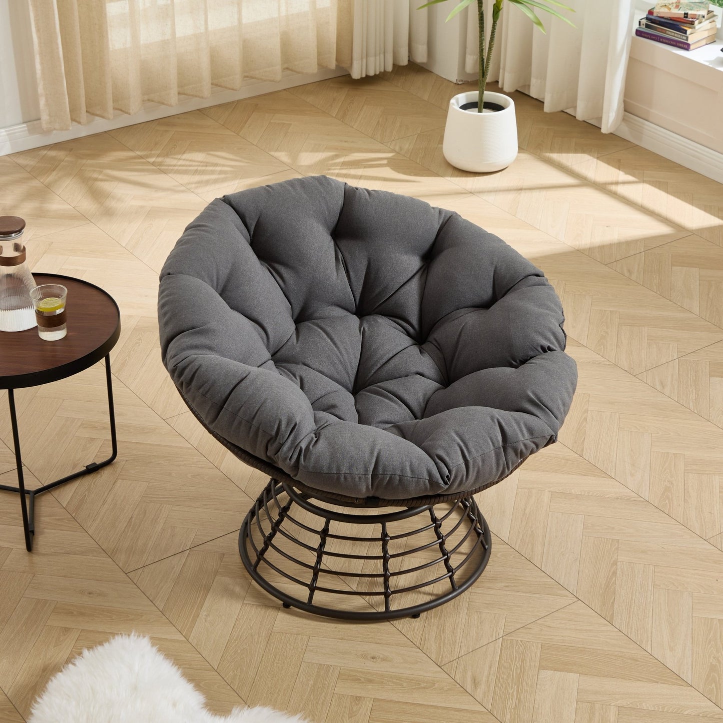 Comfortable Ergonomic Wicker Papasan Chair, 360° Swivel Indoor Outdoor Rattan Chair with Soft Thick Cushion, Ideal for Living Room, Bedroom, Reading Room, Brown Frame with Grey Cushion - 1st Choice Furniture Direct