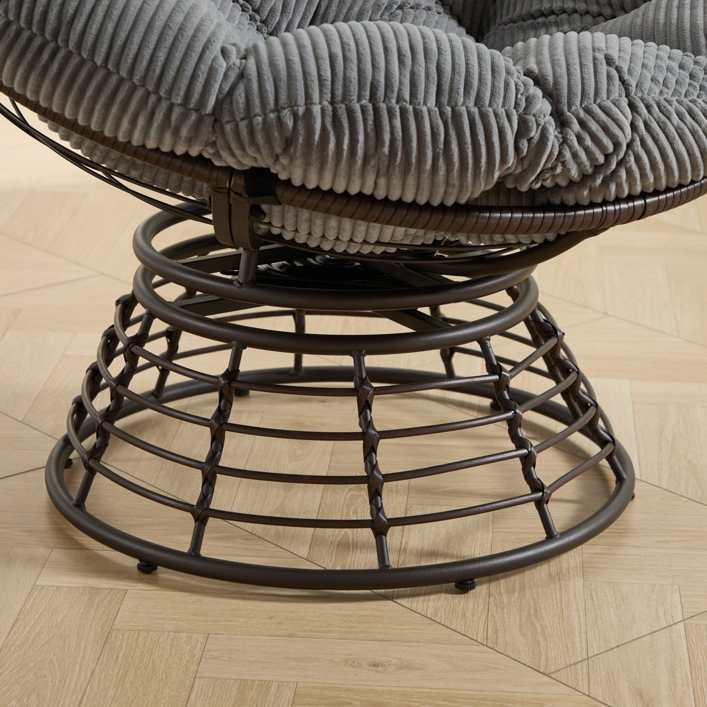 Comfortable Ergonomic Wicker Papasan Chair, 360° Swivel Indoor Outdoor Rattan Chair with Soft Thick Cushion, Ideal for Living Room, Bedroom, Reading Room, Brown Frame with Grey Cushion - 1st Choice Furniture Direct