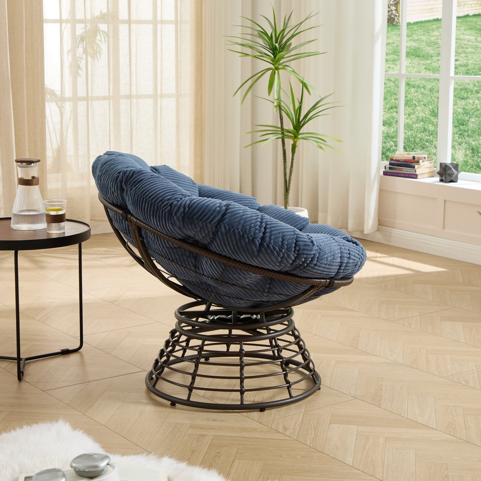 Comfortable Ergonomic Wicker Papasan Chair, 360° Swivel Indoor Outdoor Rattan Chair with Soft Thick Cushion, Ideal for Living Room, Bedroom, Reading Room, Brown Frame with Navy blue Cushion - 1st Choice Furniture Direct