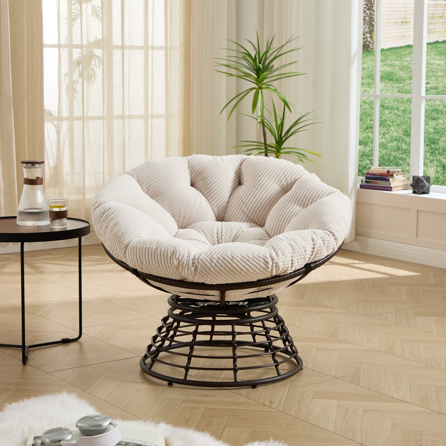 Comfortable Ergonomic Wicker Papasan Chair, 360° Swivel Indoor Outdoor Rattan Chair with Soft Thick Cushion, Ideal for Living Room, Bedroom, Reading Room, Brown Frame with White Cushion - 1st Choice Furniture Direct