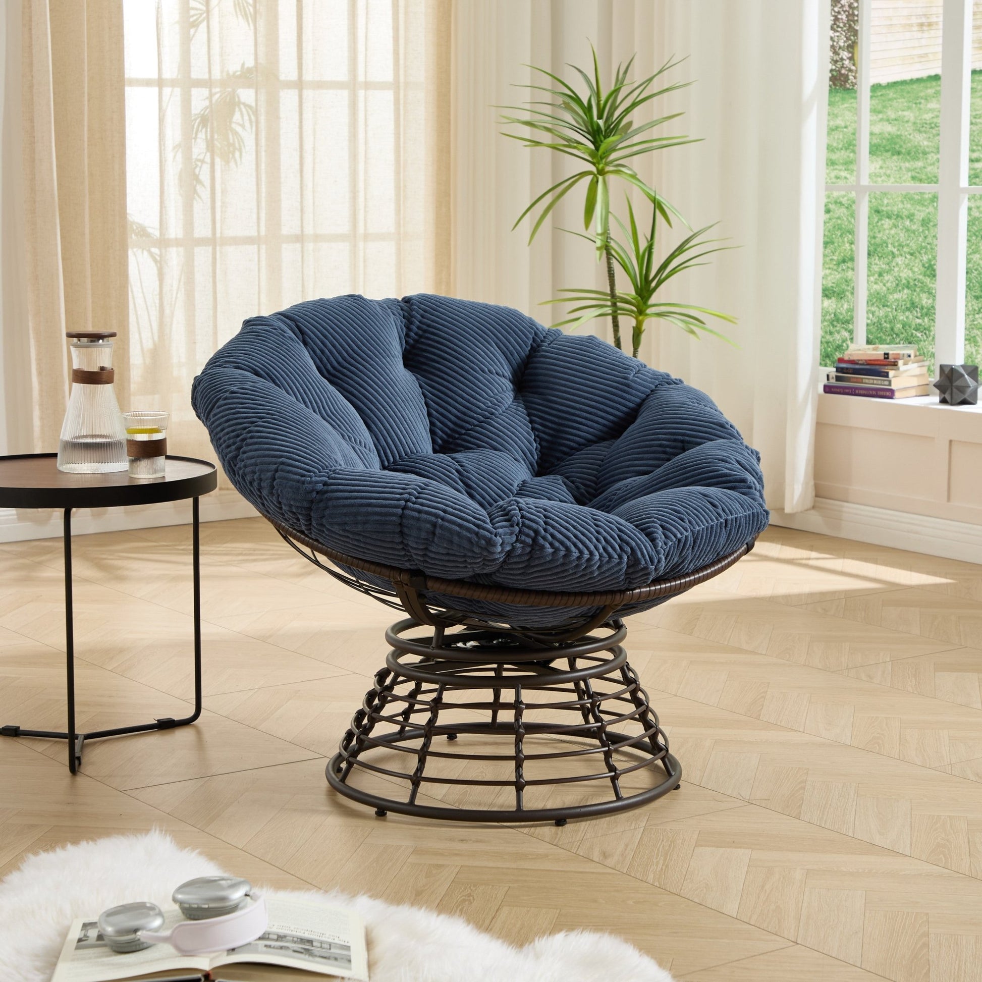 Comfortable Ergonomic Wicker Papasan Chair, 360° Swivel Indoor Outdoor Rattan Chair with Soft Thick Cushion, Ideal for Living Room, Bedroom, Reading Room, Brown Frame with Navy blue Cushion - 1st Choice Furniture Direct