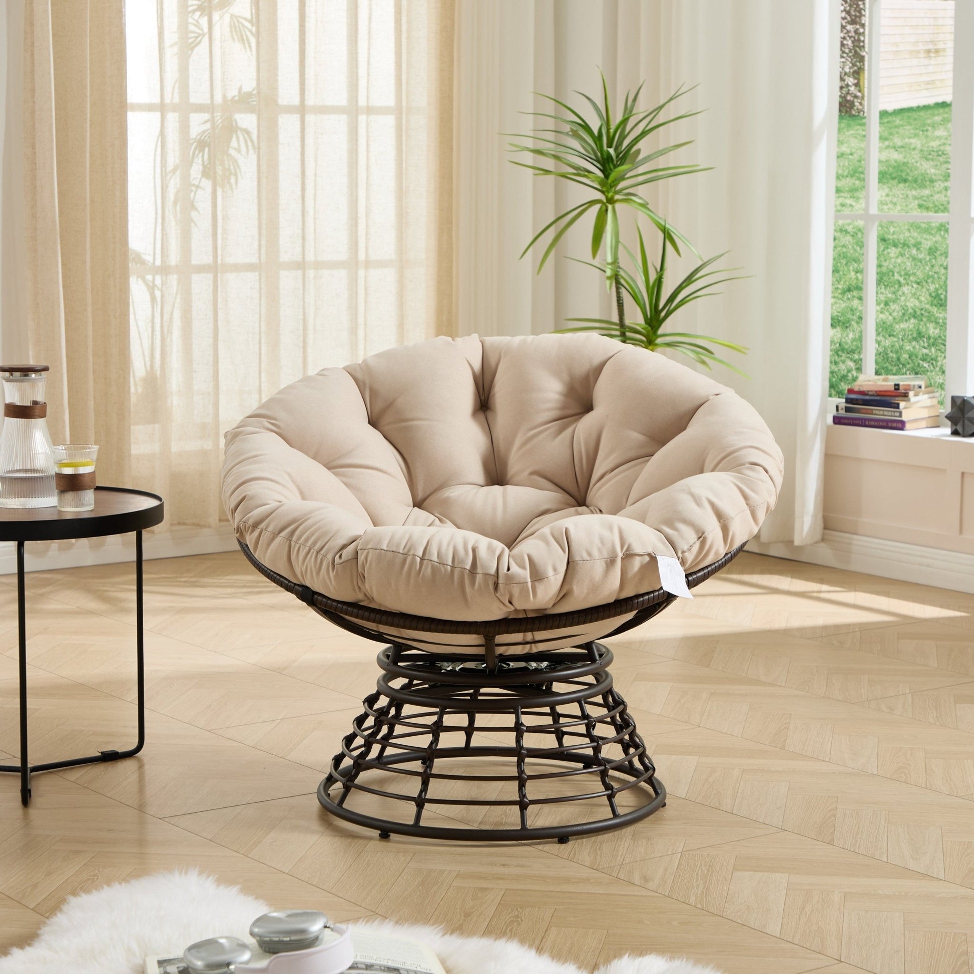 Comfortable Ergonomic Wicker Papasan Chair, 360° Swivel Indoor Outdoor Rattan Chair with Soft Thick Cushion, Ideal for Living Room, Bedroom, Reading Room, Brown Frame with Beige Cushion - 1st Choice Furniture Direct