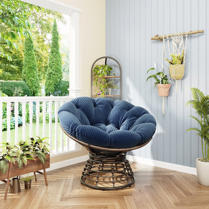 Comfortable Ergonomic Wicker Papasan Chair, 360° Swivel Indoor Outdoor Rattan Chair with Soft Thick Cushion, Ideal for Living Room, Bedroom, Reading Room, Brown Frame with Navy blue Cushion - 1st Choice Furniture Direct