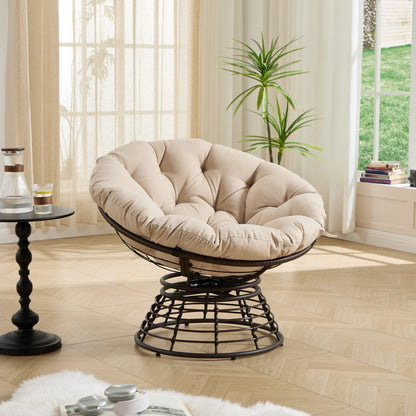 Comfortable Ergonomic Wicker Papasan Chair, 360° Swivel Indoor Outdoor Rattan Chair with Soft Thick Cushion, Ideal for Living Room, Bedroom, Reading Room, Brown Frame with Beige Cushion - 1st Choice Furniture Direct