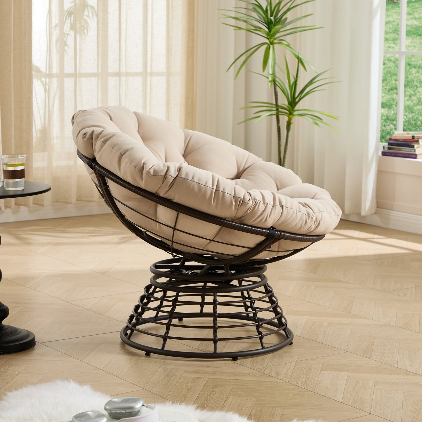 Comfortable Ergonomic Wicker Papasan Chair, 360° Swivel Indoor Outdoor Rattan Chair with Soft Thick Cushion, Ideal for Living Room, Bedroom, Reading Room, Brown Frame with Beige Cushion - 1st Choice Furniture Direct