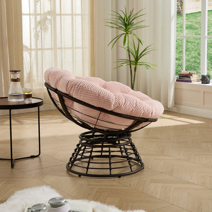 Comfortable Ergonomic Wicker Papasan Chair, 360° Swivel Indoor Outdoor Rattan Chair with Soft Thick Cushion, Ideal for Living Room, Bedroom, Reading Room, Brown Frame with Pink Cushion - 1st Choice Furniture Direct