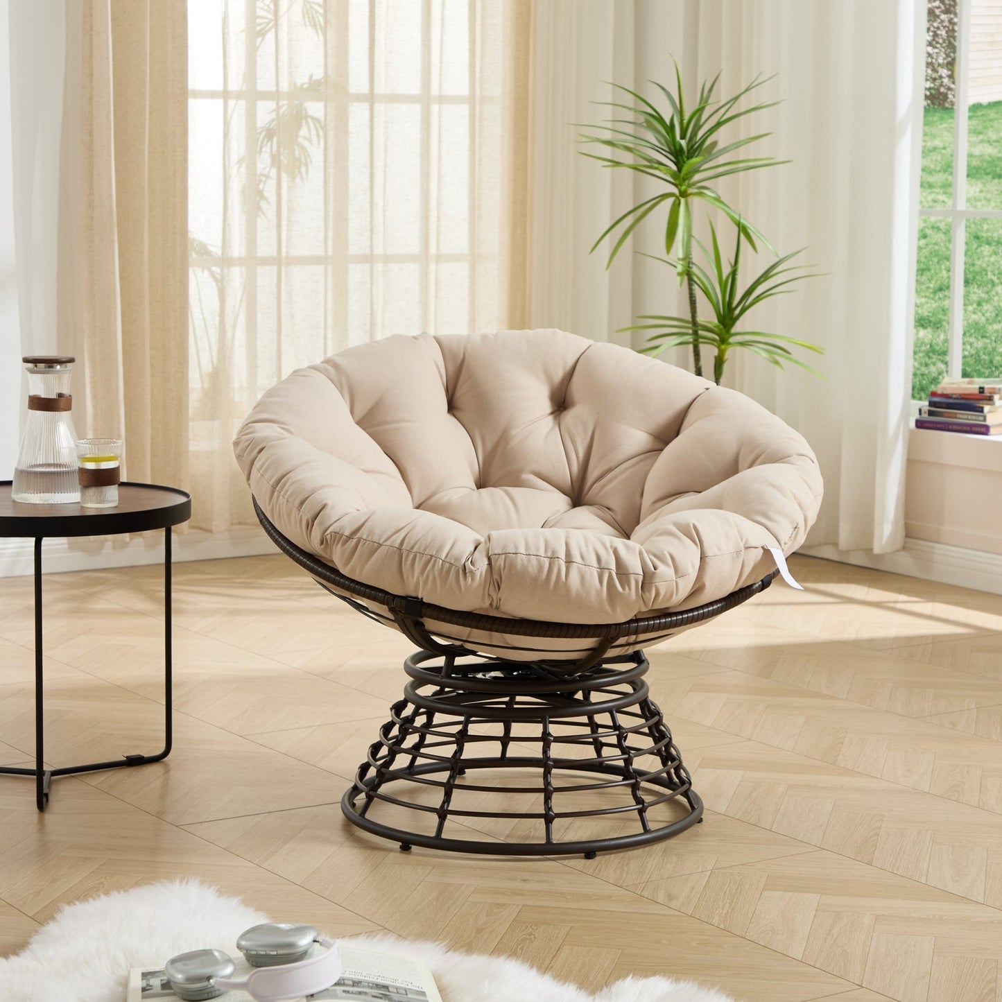 Comfortable Ergonomic Wicker Papasan Chair, 360° Swivel Indoor Outdoor Rattan Chair with Soft Thick Cushion, Ideal for Living Room, Bedroom, Reading Room, Brown Frame with Beige Cushion - 1st Choice Furniture Direct
