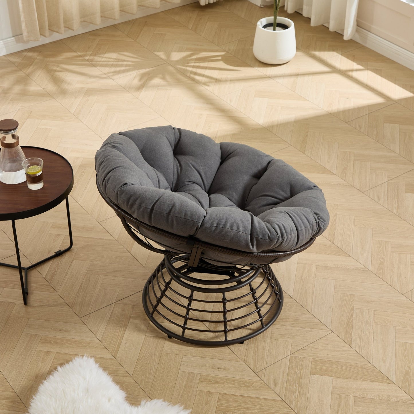 Comfortable Ergonomic Wicker Papasan Chair, 360° Swivel Indoor Outdoor Rattan Chair with Soft Thick Cushion, Ideal for Living Room, Bedroom, Reading Room, Brown Frame with Grey Cushion - 1st Choice Furniture Direct