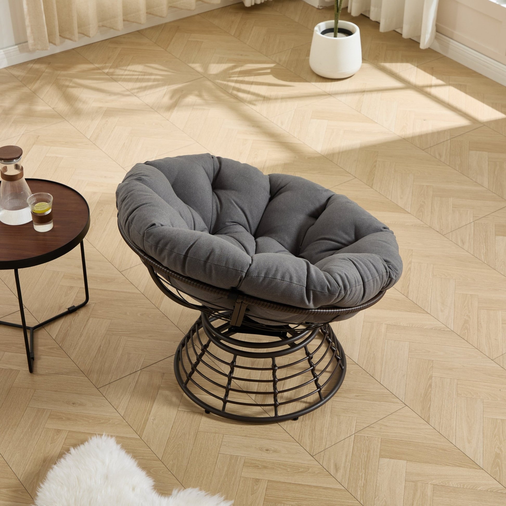 Comfortable Ergonomic Wicker Papasan Chair, 360° Swivel Indoor Outdoor Rattan Chair with Soft Thick Cushion, Ideal for Living Room, Bedroom, Reading Room, Brown Frame with Grey Cushion - 1st Choice Furniture Direct