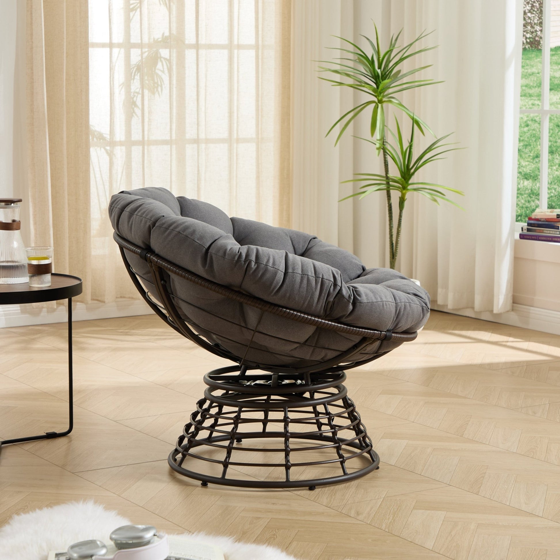 Comfortable Ergonomic Wicker Papasan Chair, 360° Swivel Indoor Outdoor Rattan Chair with Soft Thick Cushion, Ideal for Living Room, Bedroom, Reading Room, Brown Frame with Grey Cushion - 1st Choice Furniture Direct