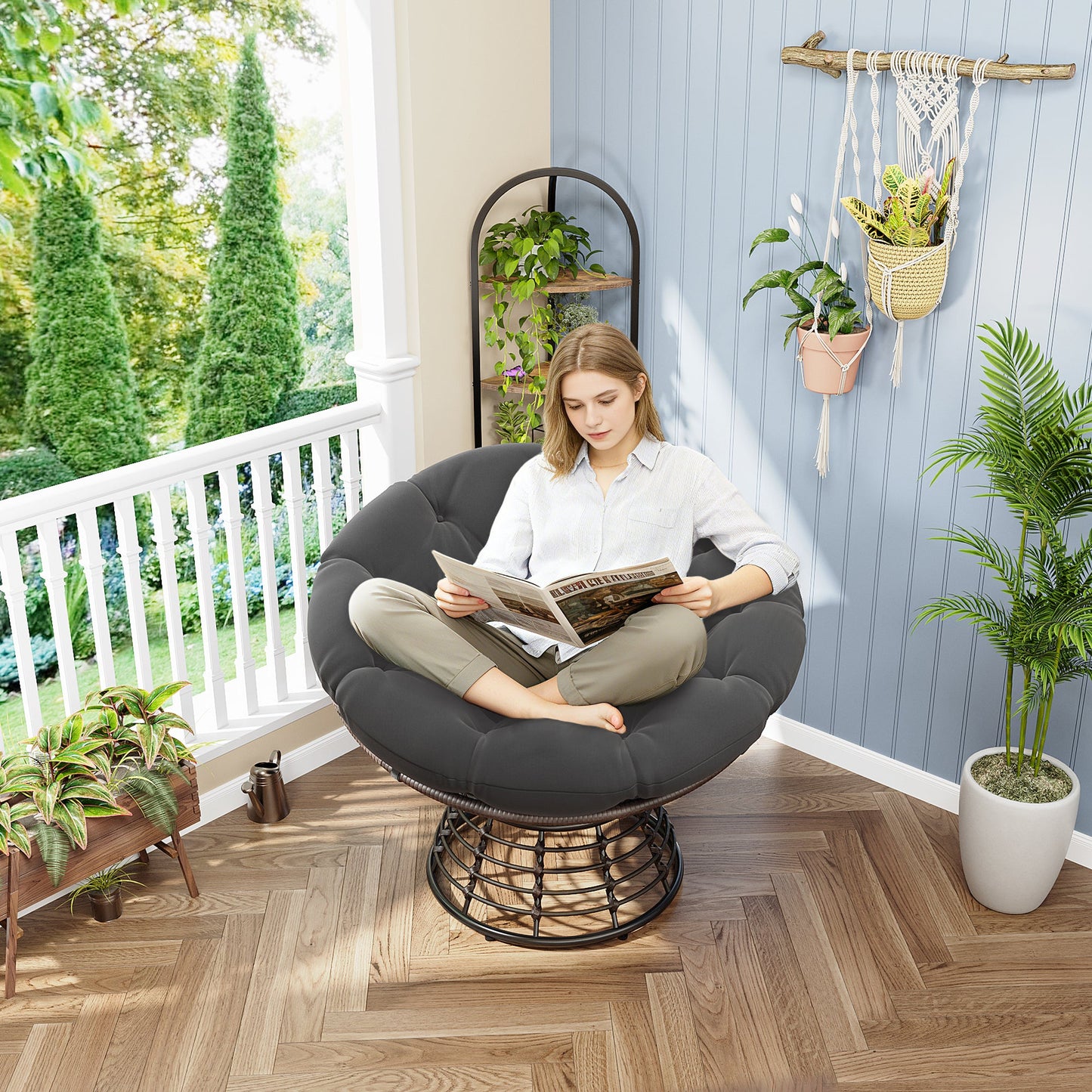 Comfortable Ergonomic Wicker Papasan Chair, 360° Swivel Indoor Outdoor Rattan Chair with Soft Thick Cushion, Ideal for Living Room, Bedroom, Reading Room, Brown Frame with Grey Cushion - 1st Choice Furniture Direct
