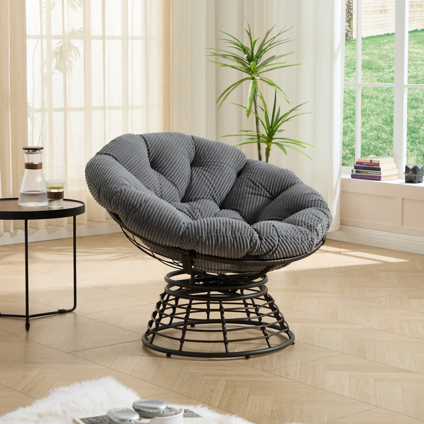 Comfortable Ergonomic Wicker Papasan Chair, 360° Swivel Indoor Outdoor Rattan Chair with Soft Thick Cushion, Ideal for Living Room, Bedroom, Reading Room, Brown Frame with Grey Cushion - 1st Choice Furniture Direct