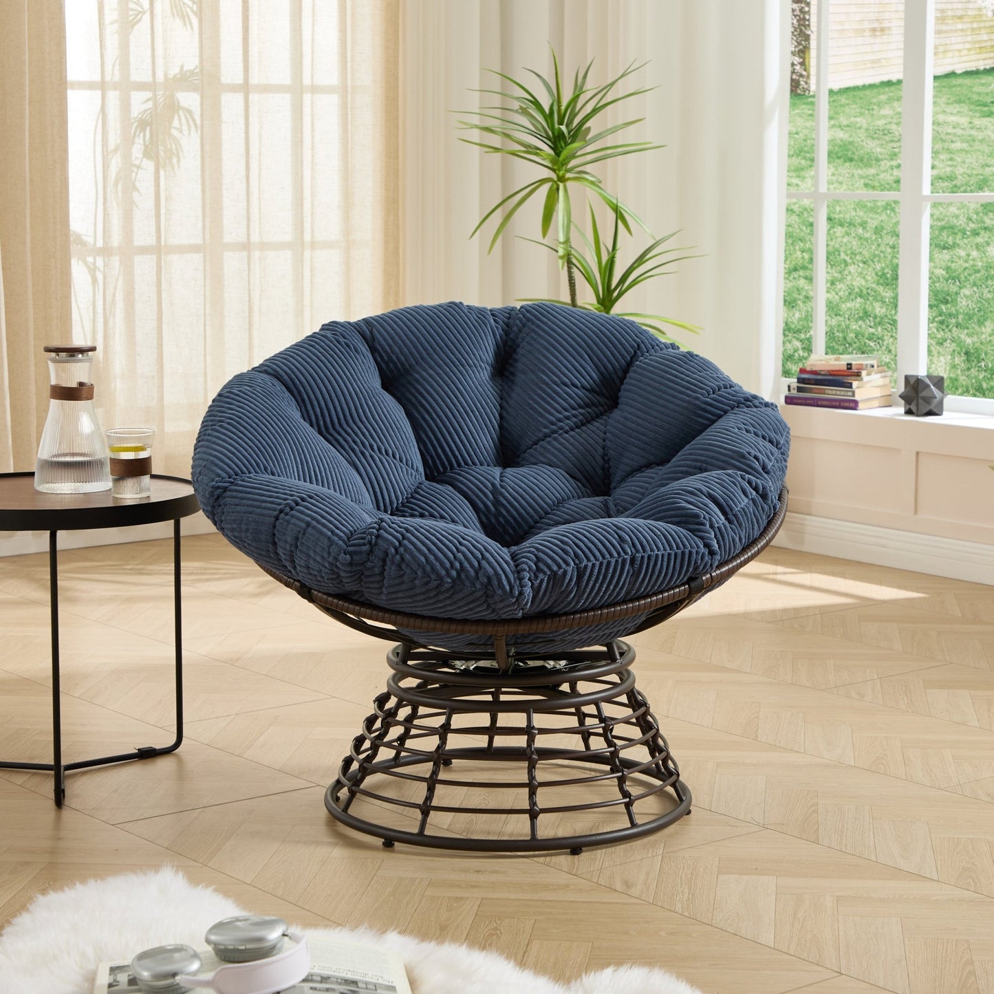 Comfortable Ergonomic Wicker Papasan Chair, 360° Swivel Indoor Outdoor Rattan Chair with Soft Thick Cushion, Ideal for Living Room, Bedroom, Reading Room, Brown Frame with Navy blue Cushion - 1st Choice Furniture Direct