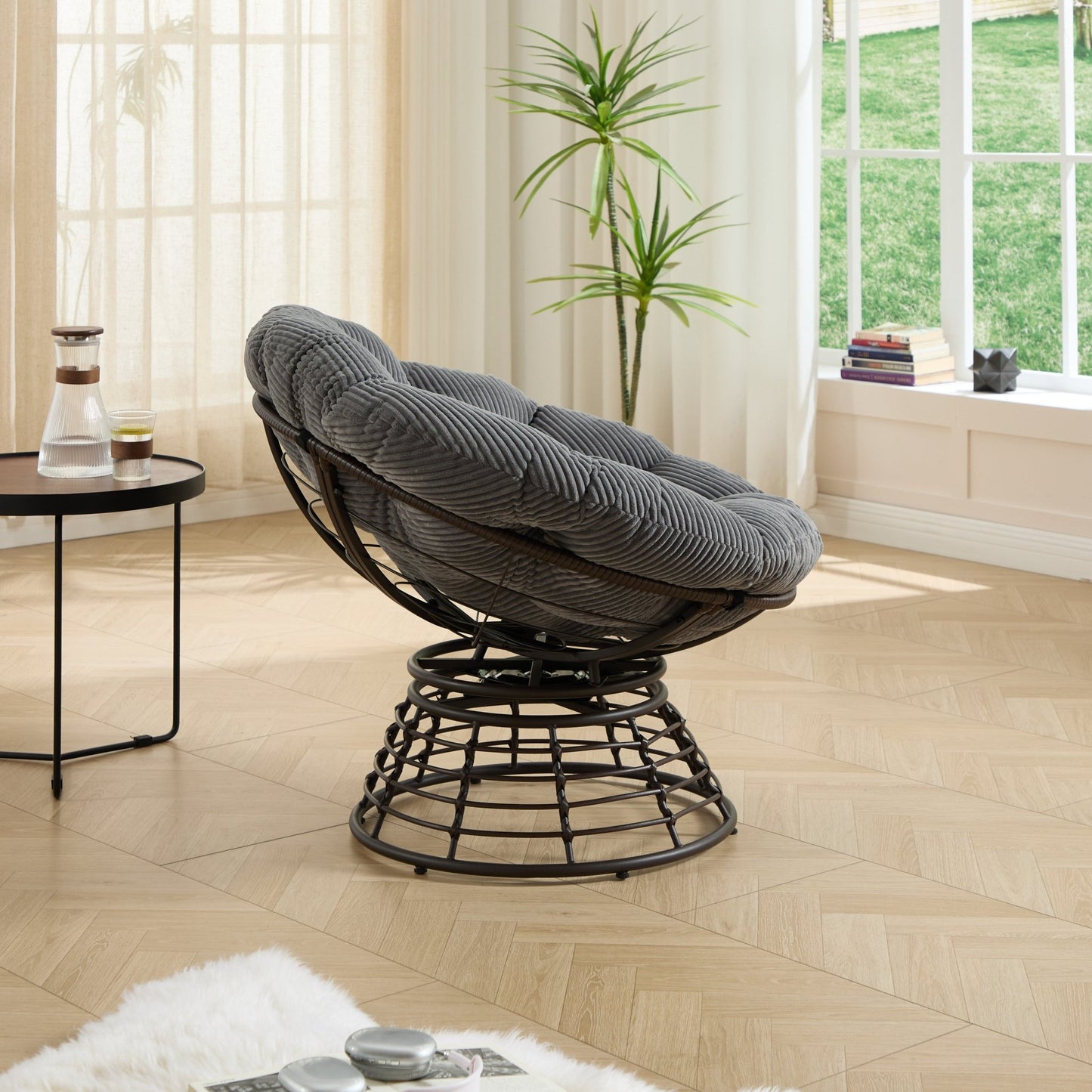 Comfortable Ergonomic Wicker Papasan Chair, 360° Swivel Indoor Outdoor Rattan Chair with Soft Thick Cushion, Ideal for Living Room, Bedroom, Reading Room, Brown Frame with Grey Cushion - 1st Choice Furniture Direct