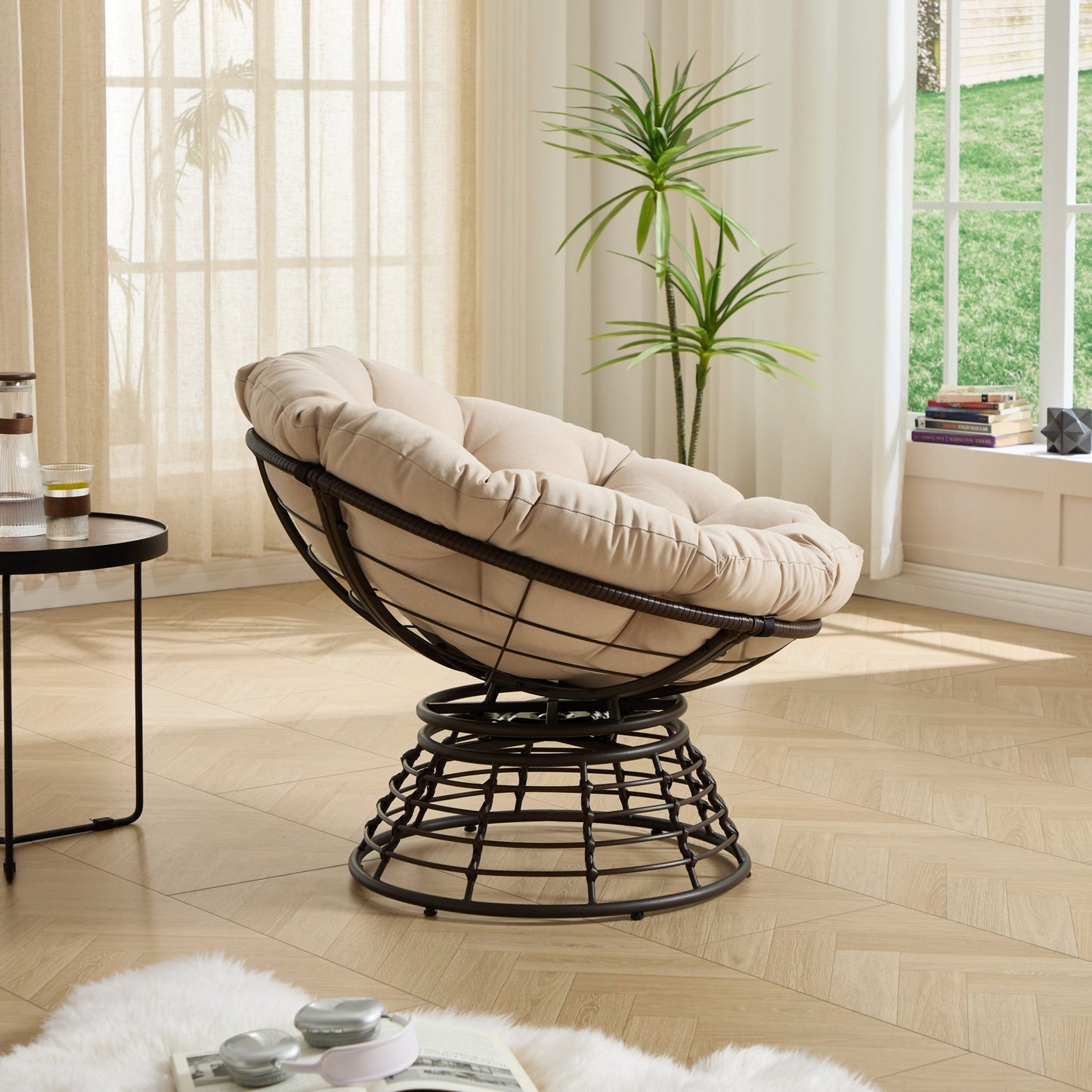 Comfortable Ergonomic Wicker Papasan Chair, 360° Swivel Indoor Outdoor Rattan Chair with Soft Thick Cushion, Ideal for Living Room, Bedroom, Reading Room, Brown Frame with Beige Cushion - 1st Choice Furniture Direct