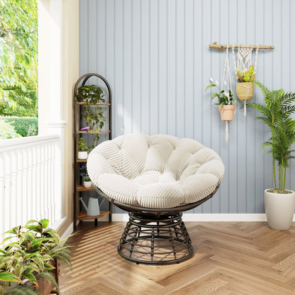 Comfortable Ergonomic Wicker Papasan Chair, 360° Swivel Indoor Outdoor Rattan Chair with Soft Thick Cushion, Ideal for Living Room, Bedroom, Reading Room, Brown Frame with White Cushion - 1st Choice Furniture Direct