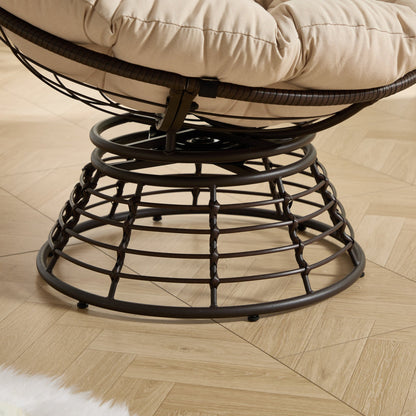 Comfortable Ergonomic Wicker Papasan Chair, 360° Swivel Indoor Outdoor Rattan Chair with Soft Thick Cushion, Ideal for Living Room, Bedroom, Reading Room, Brown Frame with Beige Cushion - 1st Choice Furniture Direct