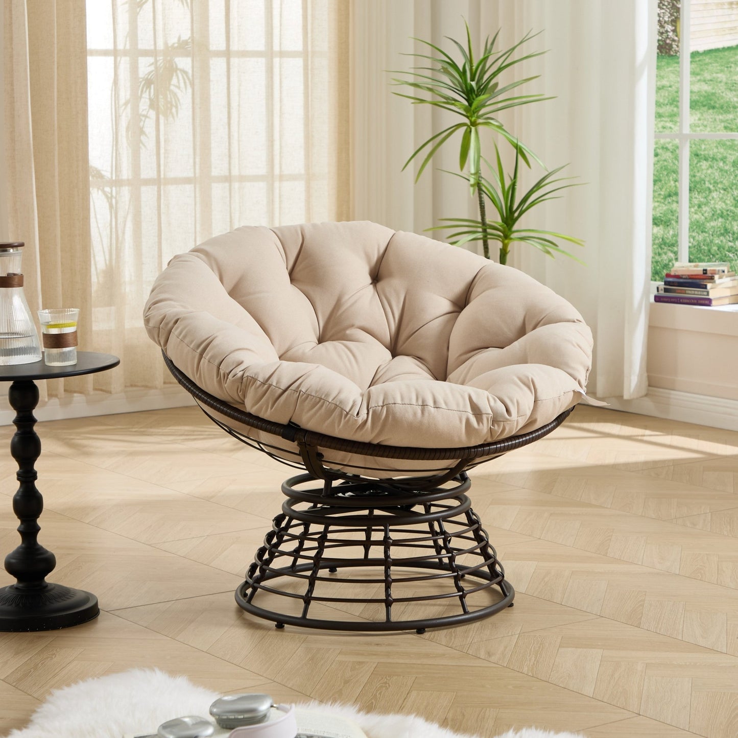 Comfortable Ergonomic Wicker Papasan Chair, 360° Swivel Indoor Outdoor Rattan Chair with Soft Thick Cushion, Ideal for Living Room, Bedroom, Reading Room, Brown Frame with Beige Cushion - 1st Choice Furniture Direct