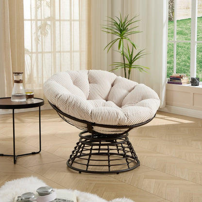Comfortable Ergonomic Wicker Papasan Chair, 360° Swivel Indoor Outdoor Rattan Chair with Soft Thick Cushion, Ideal for Living Room, Bedroom, Reading Room, Brown Frame with White Cushion - 1st Choice Furniture Direct