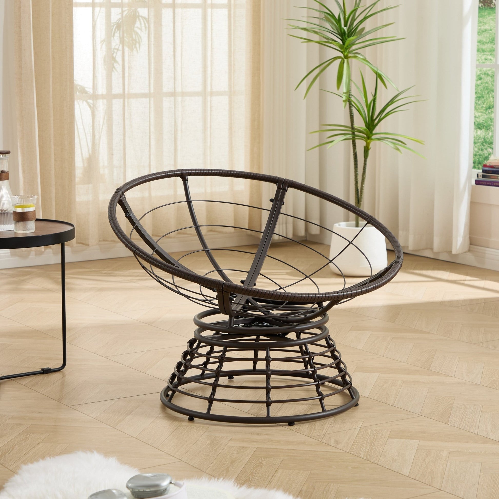Comfortable Ergonomic Wicker Papasan Chair, 360° Swivel Indoor Outdoor Rattan Chair with Soft Thick Cushion, Ideal for Living Room, Bedroom, Reading Room, Brown Frame with Pink Cushion - 1st Choice Furniture Direct