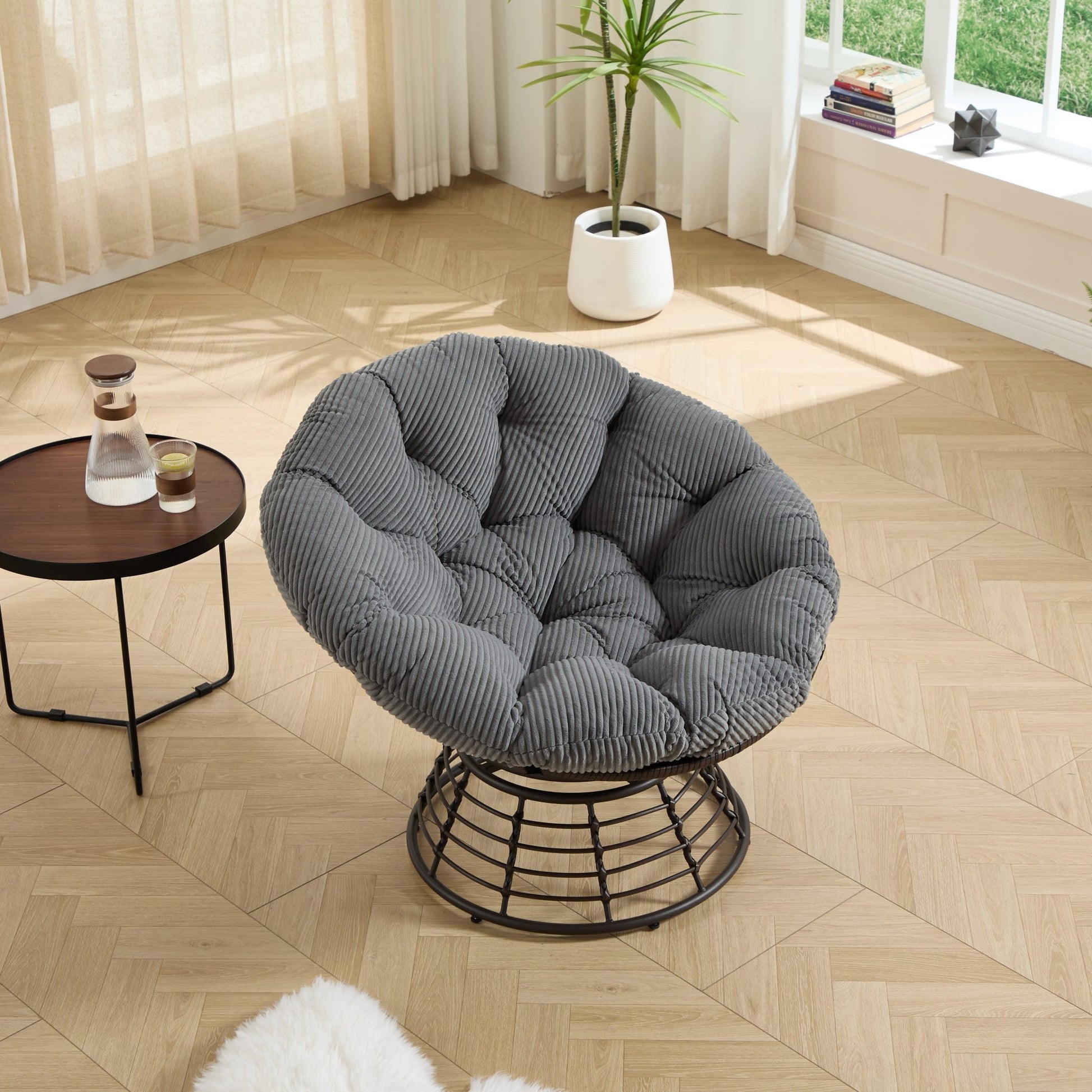 Comfortable Ergonomic Wicker Papasan Chair, 360° Swivel Indoor Outdoor Rattan Chair with Soft Thick Cushion, Ideal for Living Room, Bedroom, Reading Room, Brown Frame with Grey Cushion - 1st Choice Furniture Direct
