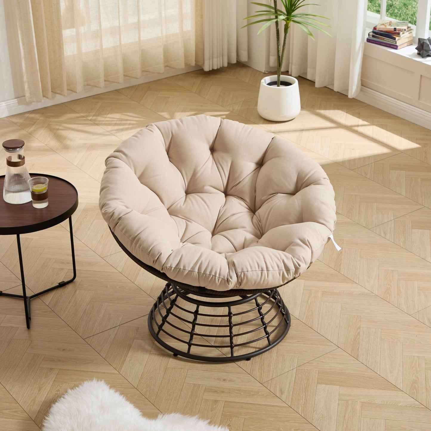 Comfortable Ergonomic Wicker Papasan Chair, 360° Swivel Indoor Outdoor Rattan Chair with Soft Thick Cushion, Ideal for Living Room, Bedroom, Reading Room, Brown Frame with Beige Cushion - 1st Choice Furniture Direct