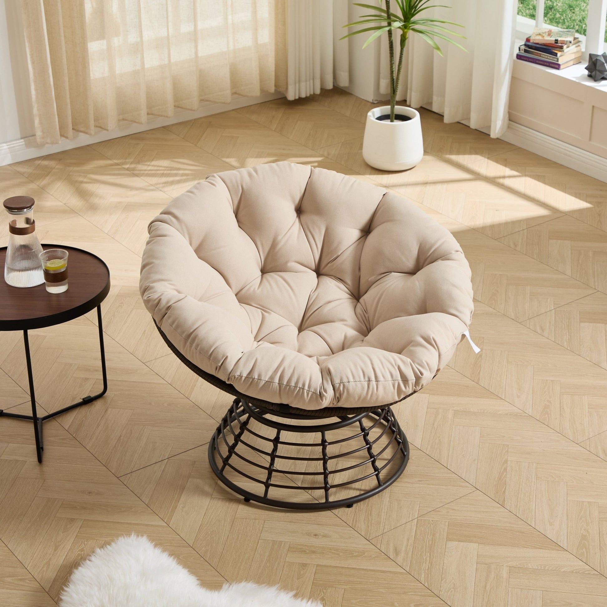 Comfortable Ergonomic Wicker Papasan Chair, 360° Swivel Indoor Outdoor Rattan Chair with Soft Thick Cushion, Ideal for Living Room, Bedroom, Reading Room, Brown Frame with Beige Cushion - 1st Choice Furniture Direct