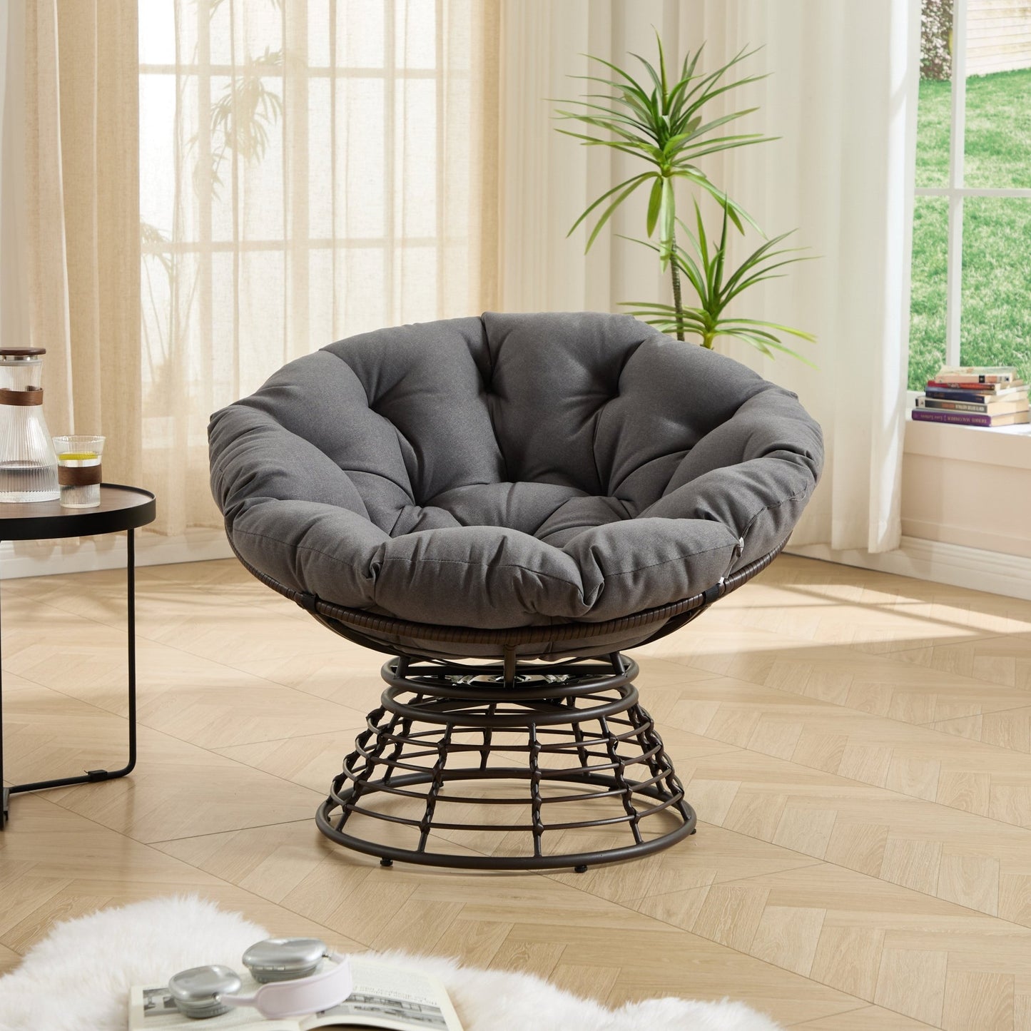 Comfortable Ergonomic Wicker Papasan Chair, 360° Swivel Indoor Outdoor Rattan Chair with Soft Thick Cushion, Ideal for Living Room, Bedroom, Reading Room, Brown Frame with Grey Cushion - 1st Choice Furniture Direct