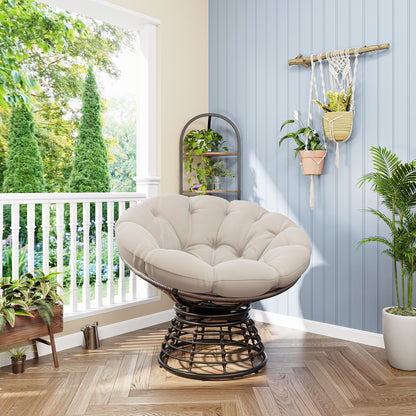 Comfortable Ergonomic Wicker Papasan Chair, 360° Swivel Indoor Outdoor Rattan Chair with Soft Thick Cushion, Ideal for Living Room, Bedroom, Reading Room, Brown Frame with Beige Cushion - 1st Choice Furniture Direct