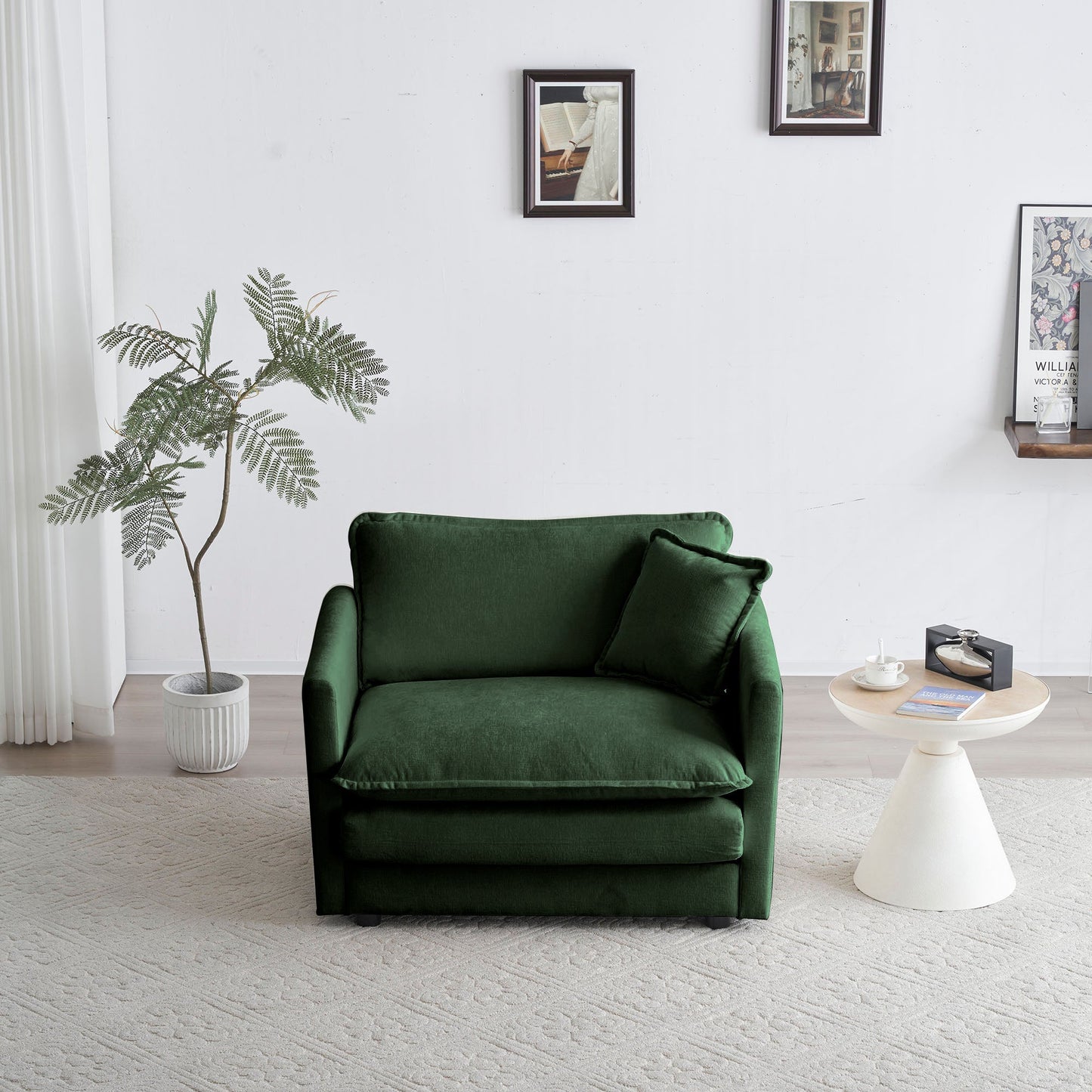 Comfy Deep Single Seat Sofa Upholstered Reading Armchair Living Room Chair Green Chenille Fabric , 1 Toss Pillow - 1st Choice Furniture Direct