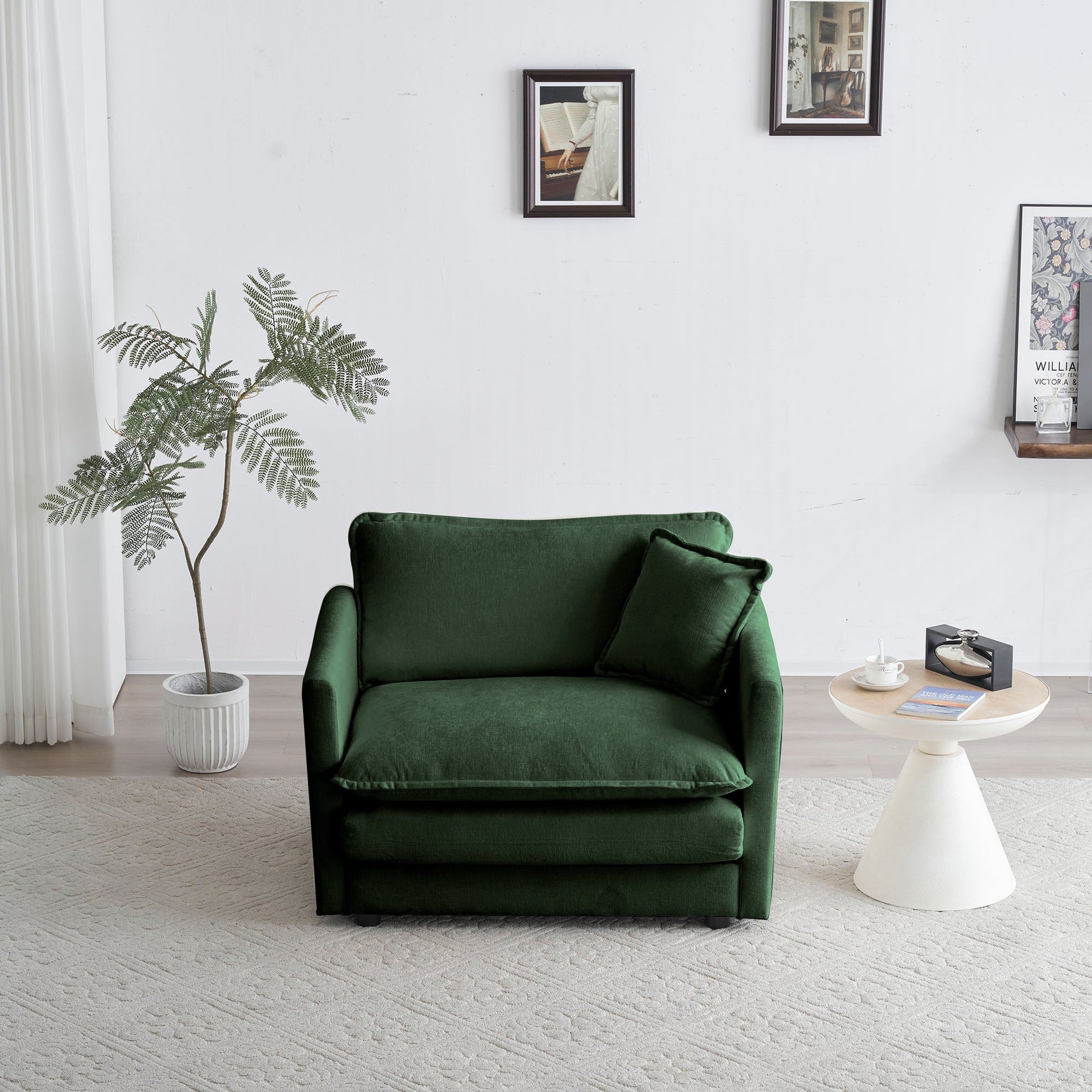 Comfy Deep Single Seat Sofa Upholstered Reading Armchair Living Room Chair Green Chenille Fabric , 1 Toss Pillow - 1st Choice Furniture Direct