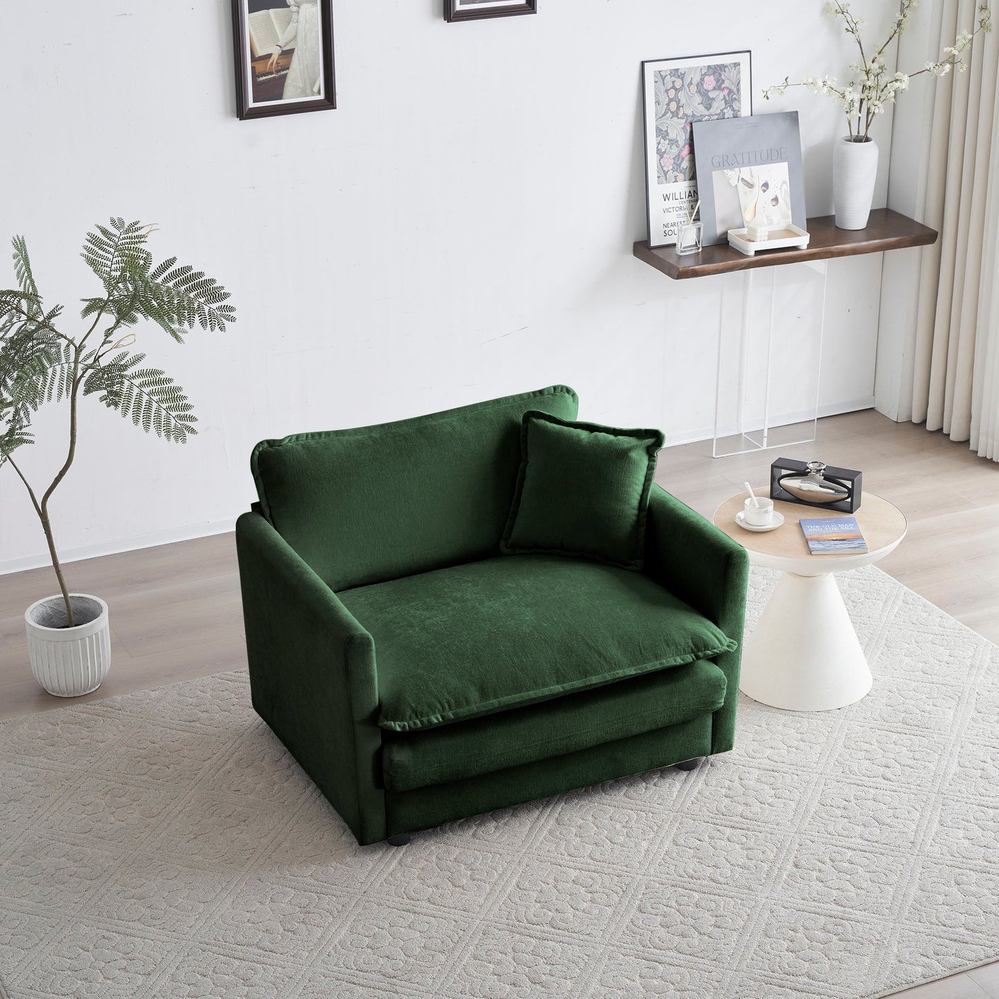 Comfy Deep Single Seat Sofa Upholstered Reading Armchair Living Room Chair Green Chenille Fabric , 1 Toss Pillow - 1st Choice Furniture Direct