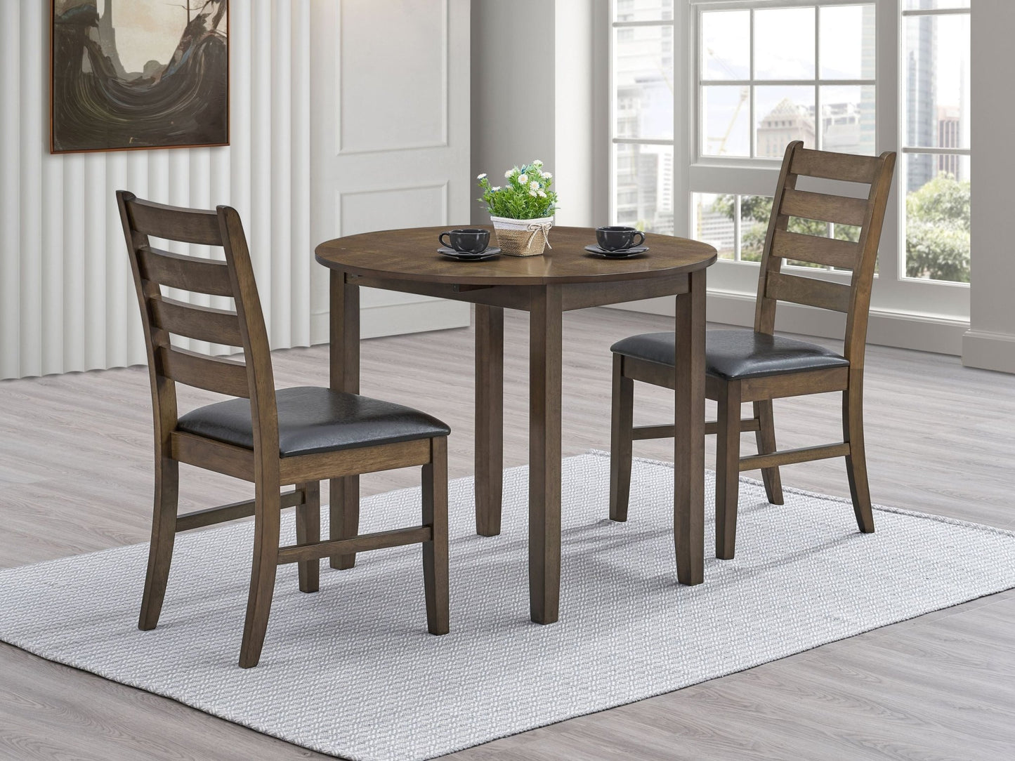 Compact 3-Piece Dining Set, Walnut Finish, Drop Leaf Table & Padded Chairs - 1st Choice Furniture Direct