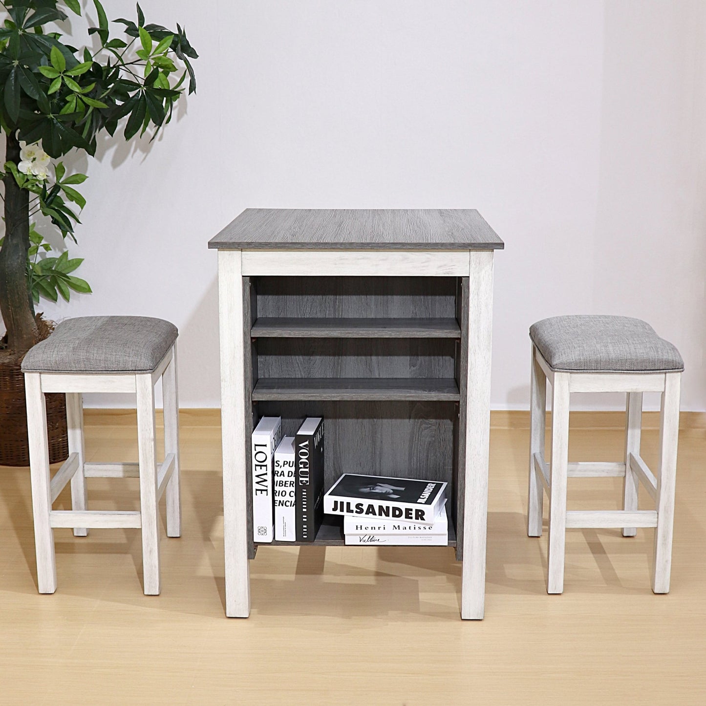 Compact Dining Table Set with Storage – Rustic Space Saving Kitchen Table with 2 Stools - 1st Choice Furniture Direct